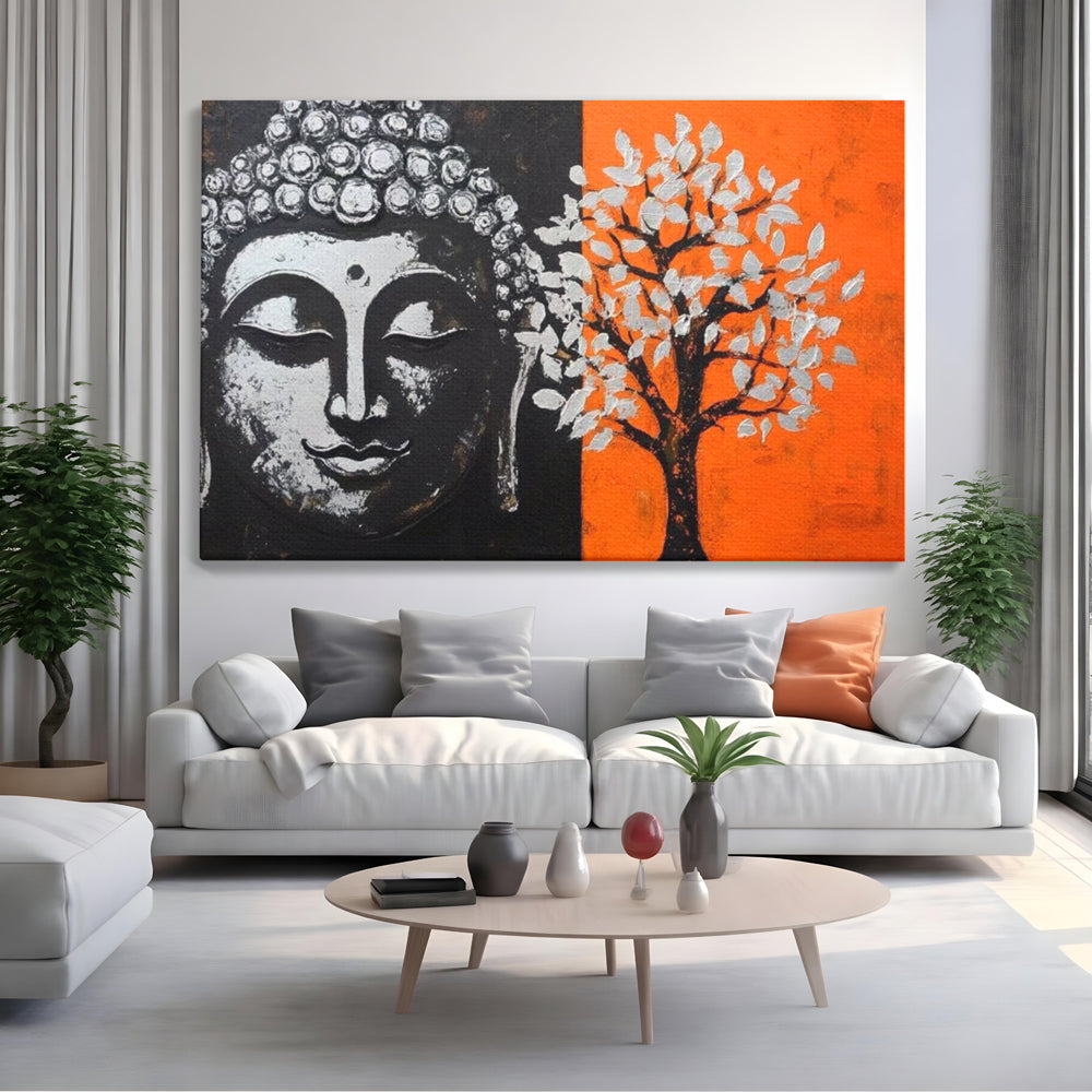 Tablou canvas cu tablou canvas cu capul lui buddha si un copac, fara rama, pe sasiu de lemn, pe perete intr-un living